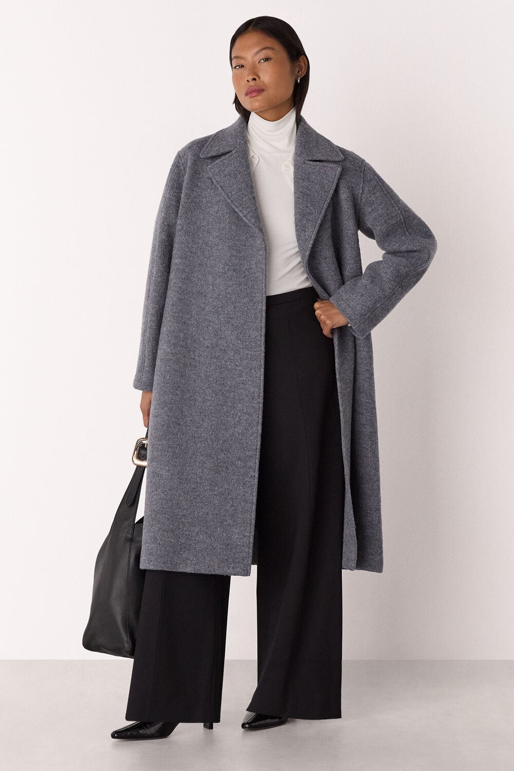 Grey Petite Long Belted Wool Coat